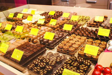 Big Assortment Of Chocolate Candies In Confectionery Candy Shop 