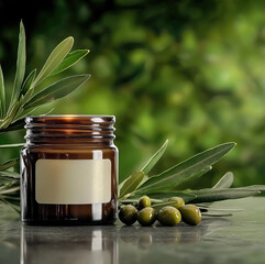 Aromatic candle in brown glass jar with blank label, olive branch and green olives, natural relaxing mood