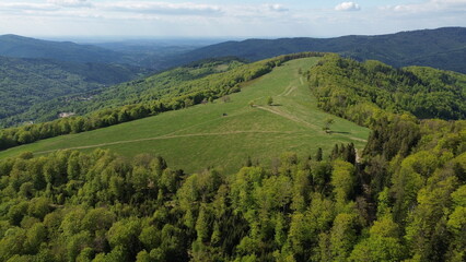 Obraz premium Aerial Footage of Stary Gron Viewing Platform Beskid Mountains Poland..