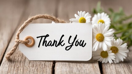 Handwritten thank you card with daisies on rustic wooden background in bright natural light