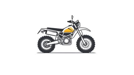 Obraz premium Minimalist black and white logo of a Dakar rally motorcycle with high fender, long-travel suspension, navigation tower, yellow accent, and pastel details on a white background — sleek and modern desig