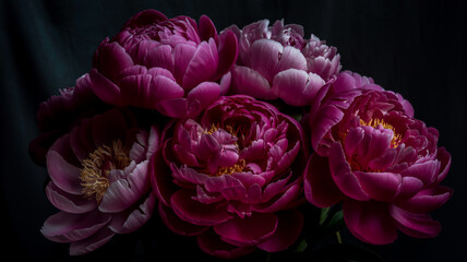 A close-up photograph of four deep magenta peonies against a dark background