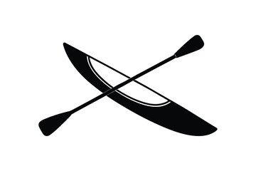 Silhouette art illustration of a kayak with a single paddle crossed over it.eps