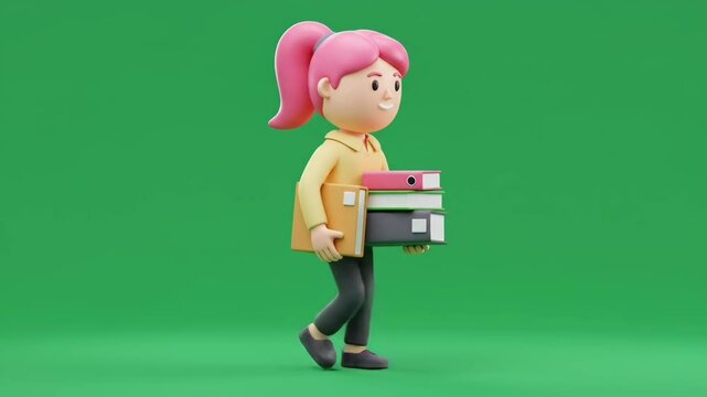 Cartoon girl carrying folders