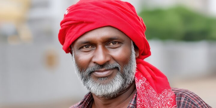 Elderly man wearing red turban smiling in outdoor setting during daylight