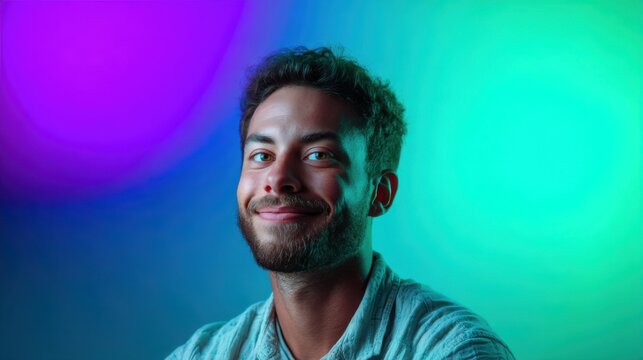 Smiling young man posing with vibrant neon background during creative photo session in an indoor setting