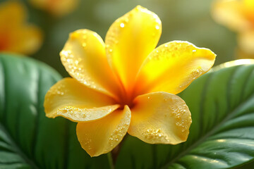 Fototapeta premium A stunning macro of a yellow flower with glistening dew drops on its petals, showcasing the beauty of nature's bloom in a spring garden