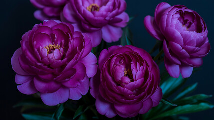 A close-up photograph of four deep magenta peonies against a dark background