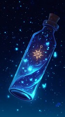 Glowing Bottle with Stars and Mystical Glow in Dark Background