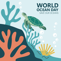 World Ocean Day Illustration with Sea Turtle and Coral Reef. Perfect for World Ocean Day promotional content, posters, and educational visuals.