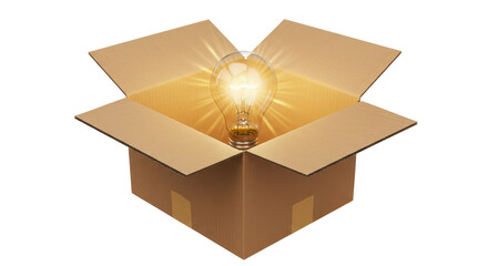 Isolated Open Cardboard Box Revealing Glowing Lightbulb Idea Inside