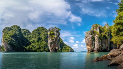 Obraz premium Scenic view of limestone cliffs and turquoise waters in a tropical bay, showcasing nature's beauty during a sunny day