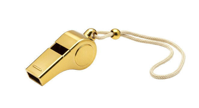 Isolated Gold Metal Whistle with White Cord
