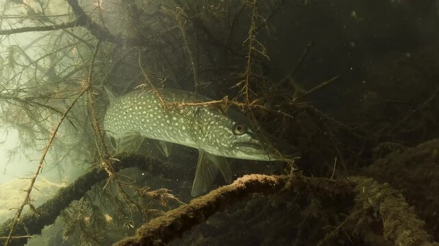 Underwater footage of a northern pike (Esox lucius) gliding near the shore in shallow, clear lake water. Natural freshwater habitat with visible plants and 
 aquatic environment.