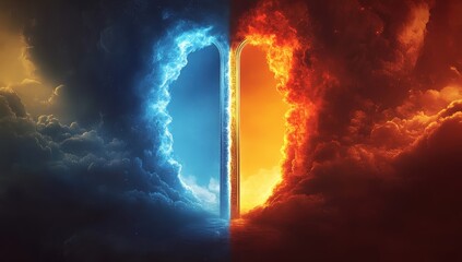 A luminous archway, bisecting a fiery and icy cloud expanse