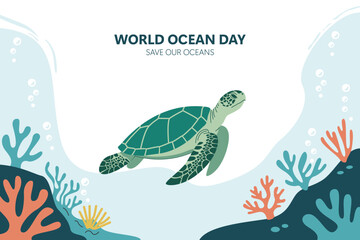Save Our Oceans Illustration for World Ocean Day. Celebrate World Ocean Day with this vector of sea life, featuring a turtle and coral reefs in a clean underwater design.