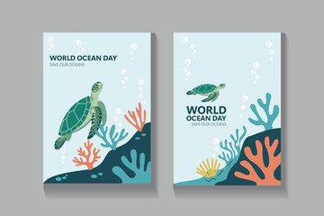 Marine life vector illustration for World Ocean Day with turtle, coral, and bubbles. Great for social media posts, posters, banners, and ocean conservation content.