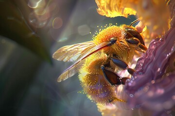 A bee is meticulously detailed while it rests on yellow and purple flowers. The composition is soft with a shallow depth of field.