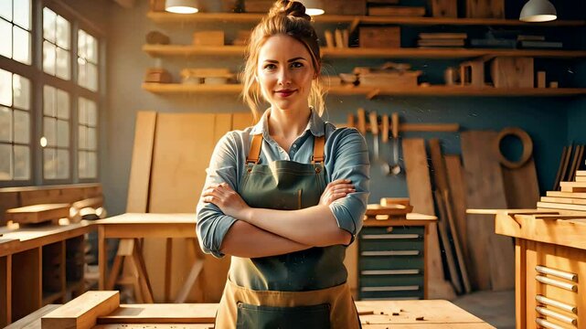 Confident Female Carpenter Standing Proudly in Workshop with Tools and Sunlight Through Windows