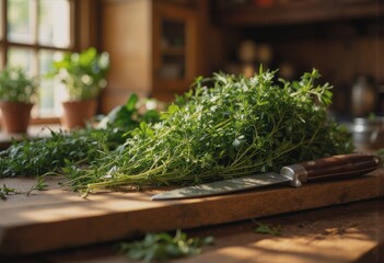 Fresh herbs on a wooden cutting board with a knife, perfect for cooking