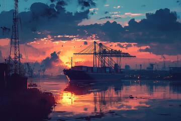 Spectacular Sunset at Industrial Harbor with Container Ship and Towering Cranes