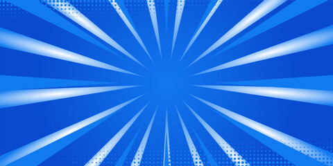 Blue comic sunburst effect background with halftone. Pop art comic-style vector background.