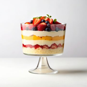 A beautifully layered trifle dessert with fresh fruit and cream captured from a side view to showcase its colorful layers