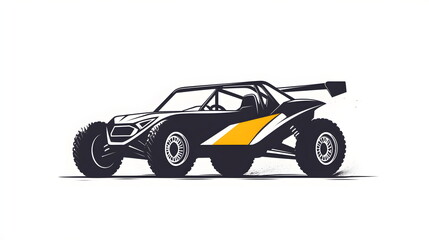 Minimalist black and white logo of a Dakar rally raid truck with oversized wheels, roof spare tire, bold yellow accent, high clearance, and pastel details on white — rugged, clean, and modern design.