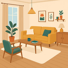 Cozy Living Room Interior Design Mid-Century Modern Style with Plants and Natural Light