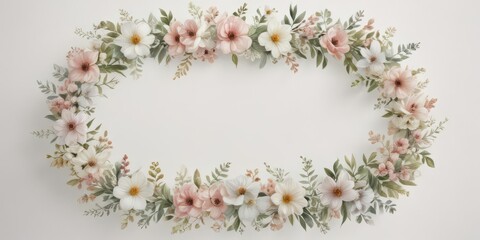 Delicate watercolor floral wreath; soft petal patterns, botanical, spring, floral design, white background,  petals,  background,  feminine