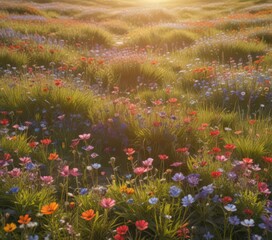 Vibrant wildflowers carpet sun-drenched meadow,  leaf,  ecology