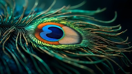 Obraz premium Peacock feather close up macro vibrant colors iridescent detail exotic bird art