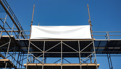 Plain empty advertising banner secured to the metal framework, mindfulness theme. isolated with white highlights