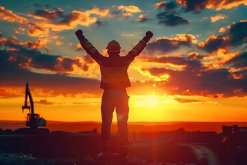 A construction worker with arms raised faces a vibrant sunset with construction equipment visible in the background.