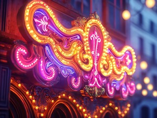 Fototapeta premium Vibrant neon sign artfully illuminates a building's facade with glowing elegance