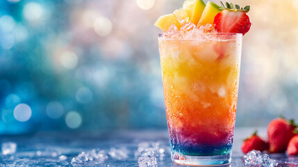 Rainbow layered cocktail summer drink refreshing ice cubes fruit garnish
