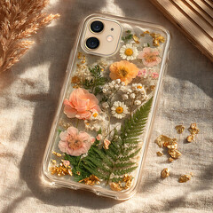 Aesthetic phone case with pressed flowers and gold flakes. Artistic, unique, natural. Use for creative concepts, lifestyle, fashion, handmade items, or floral themes.