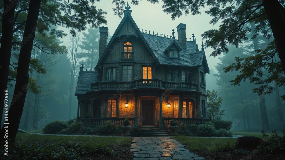 Aufkleber Enchanted Gothic Structure Illuminated by Warm Light in a Mystical Forest Setting