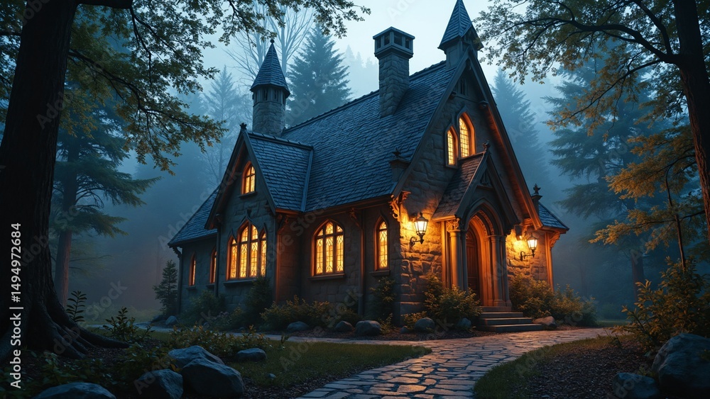 Poster enchanted gothic structure illuminated by warm light in a mystical forest setting