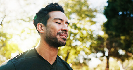 Balance, meditation and yoga with man in park for holistic exercise or wellness routine. Awareness,...