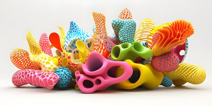 Vibrant multicolored 3d printed coral-like assemblage
