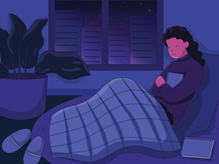illustration of a woman holding a book in bed in Lo-Fi style