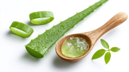 Obraz premium Fresh Aloe Vera Slices and Gel in Wooden Spoon on White Background for Natural Healthcare