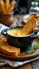 Creamy cheese fondue served black pot with toasted bread slices, creating warm and inviting