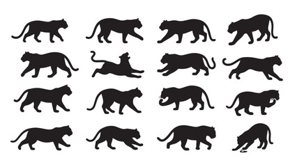 A set of 12 black cat  tiger silhouette cliparts
