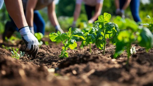 People planting young vegetable seedlings in soil, wearing gloves and working in a garden or farm