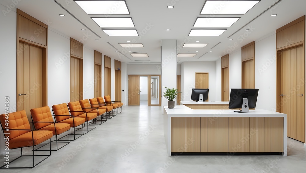 Poster modern reception area featuring orange seating and reception desks with computers in office