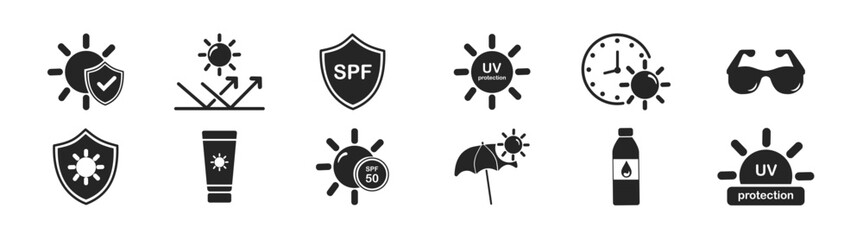 Sun protection icon set. SPF protection logo icons. Contains icons sunscreen, ultraviolet, sunglasses, spf protection, umbrella, sunburn and more. 