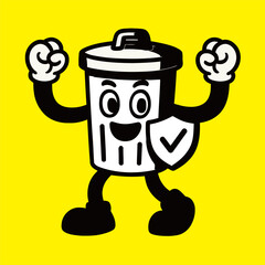 Illustration Trash Can Character Cartoon with Shield