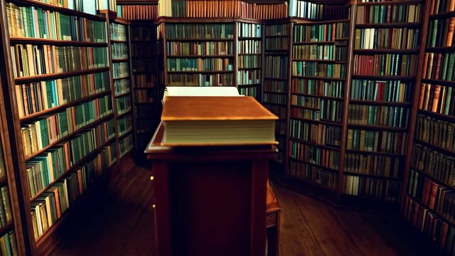 Open book on a wooden lectern stands in a library, surrounded by bookshelves filled with volumes of knowledge and literary works.